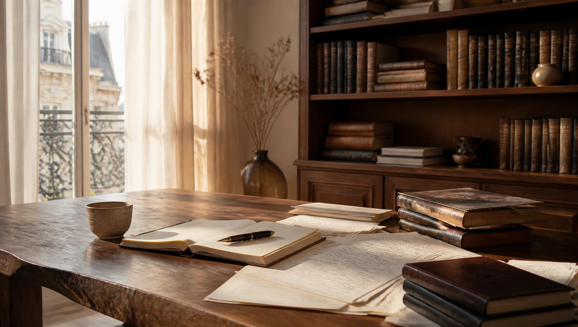 Table de travail en noyer massif avec manuscrits annotés, carnet en cuir et bibliothèque
