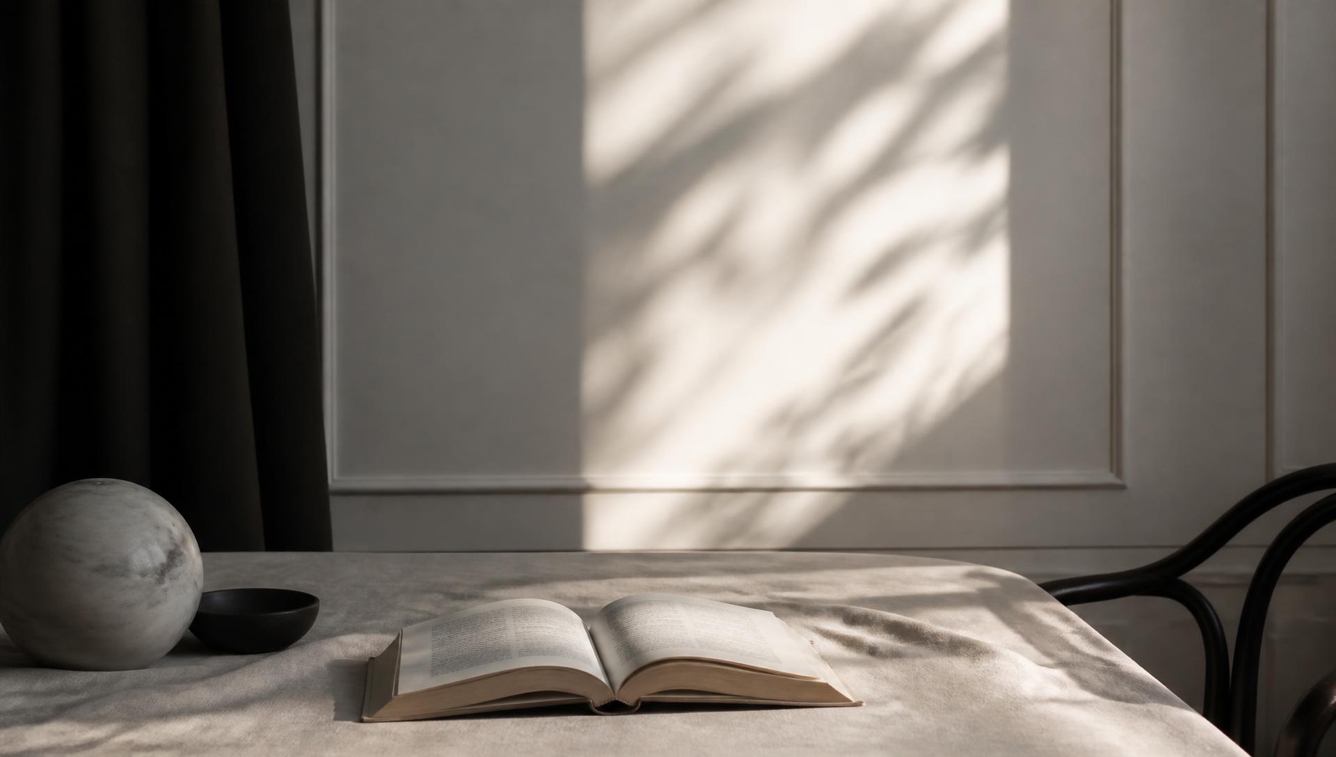 Pièce lumineuse et livre ouvert, atmosphère de lecture